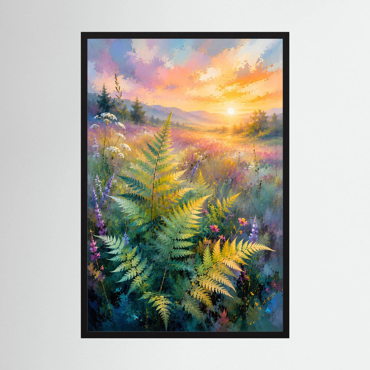 Hochformatiges Poster mit abstrakter Farnlandschaft in Pastellfarben und Sonnenaufgang, schwarzer Rahmen