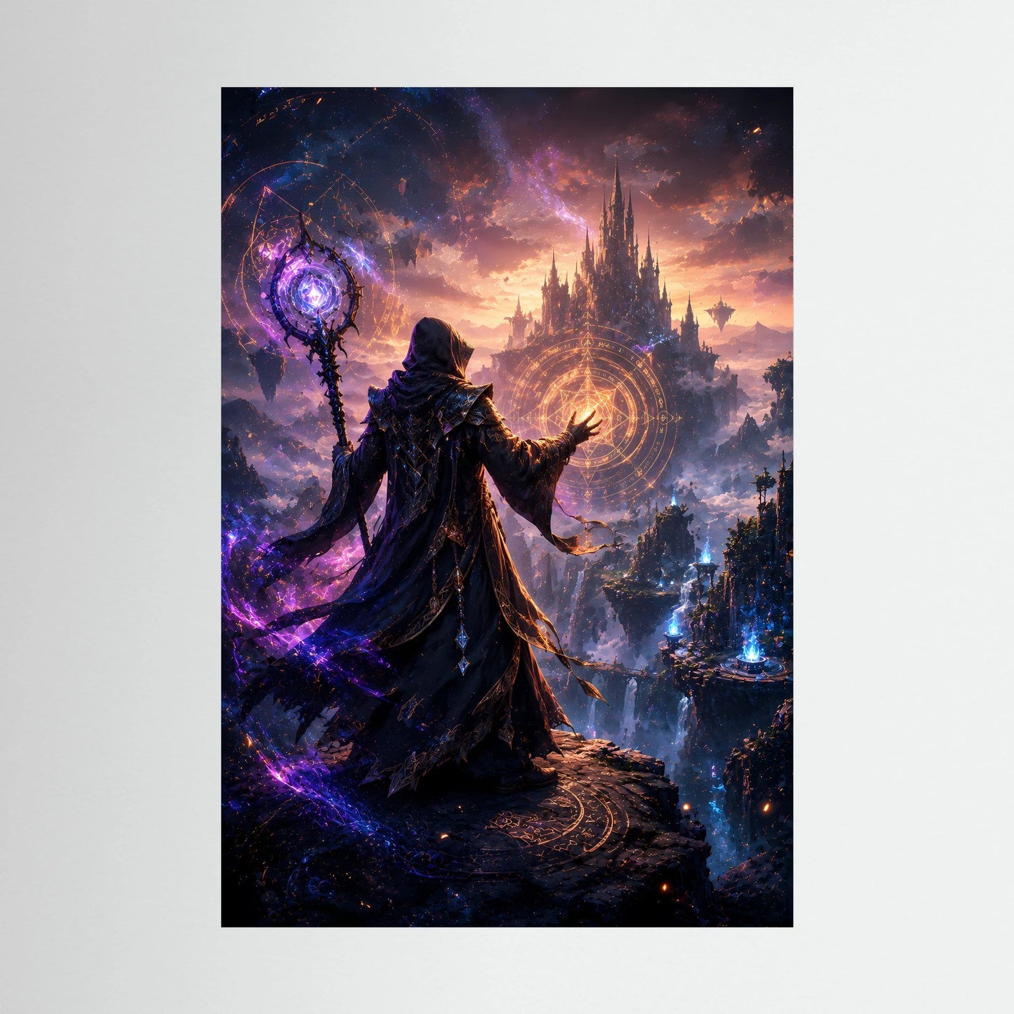 Kunstposter im Hochformat: Magier mit Stab und violetten Lichtern, magischer Kreis über der Burg
