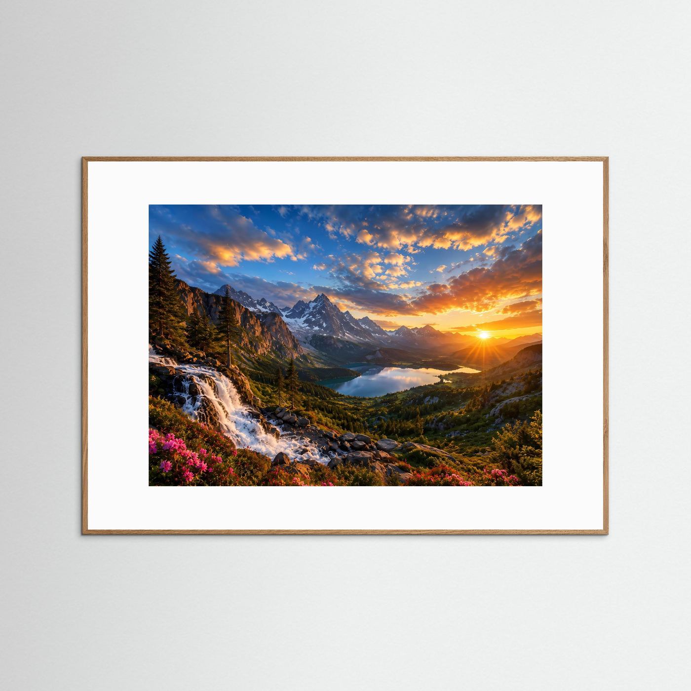 Epischer Wasserfall in den Alpen bei Sonnenuntergang | Panorama Natur Poster Querformat