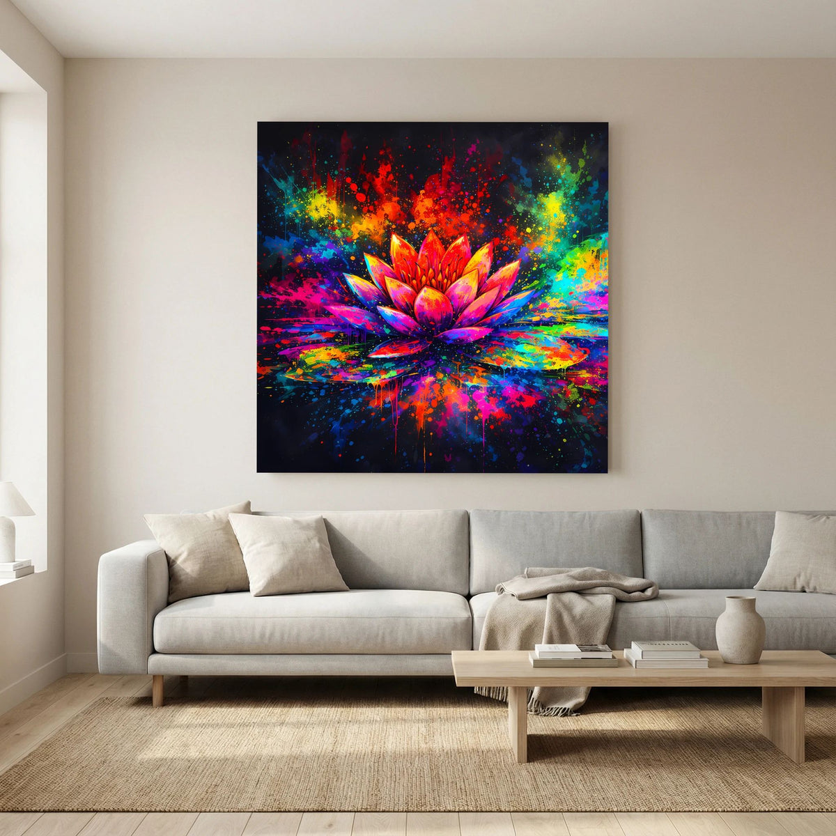Abstraktes Leinwandbild mit Lotusmotiv auf Keilrahmen, quadratisch, kräftige Farben.