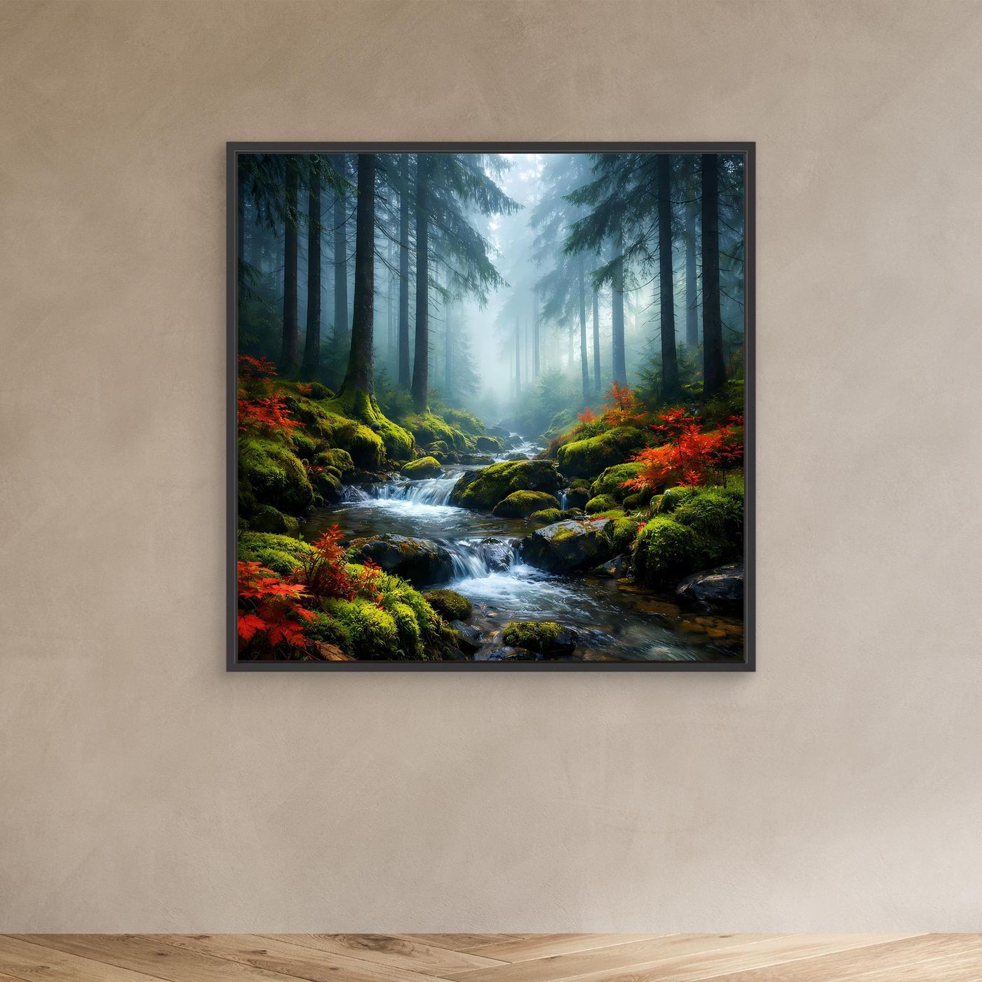 Wandbild im schwarzen Rahmen: nebliger Wald mit Bach und Moos zwischen Steinen