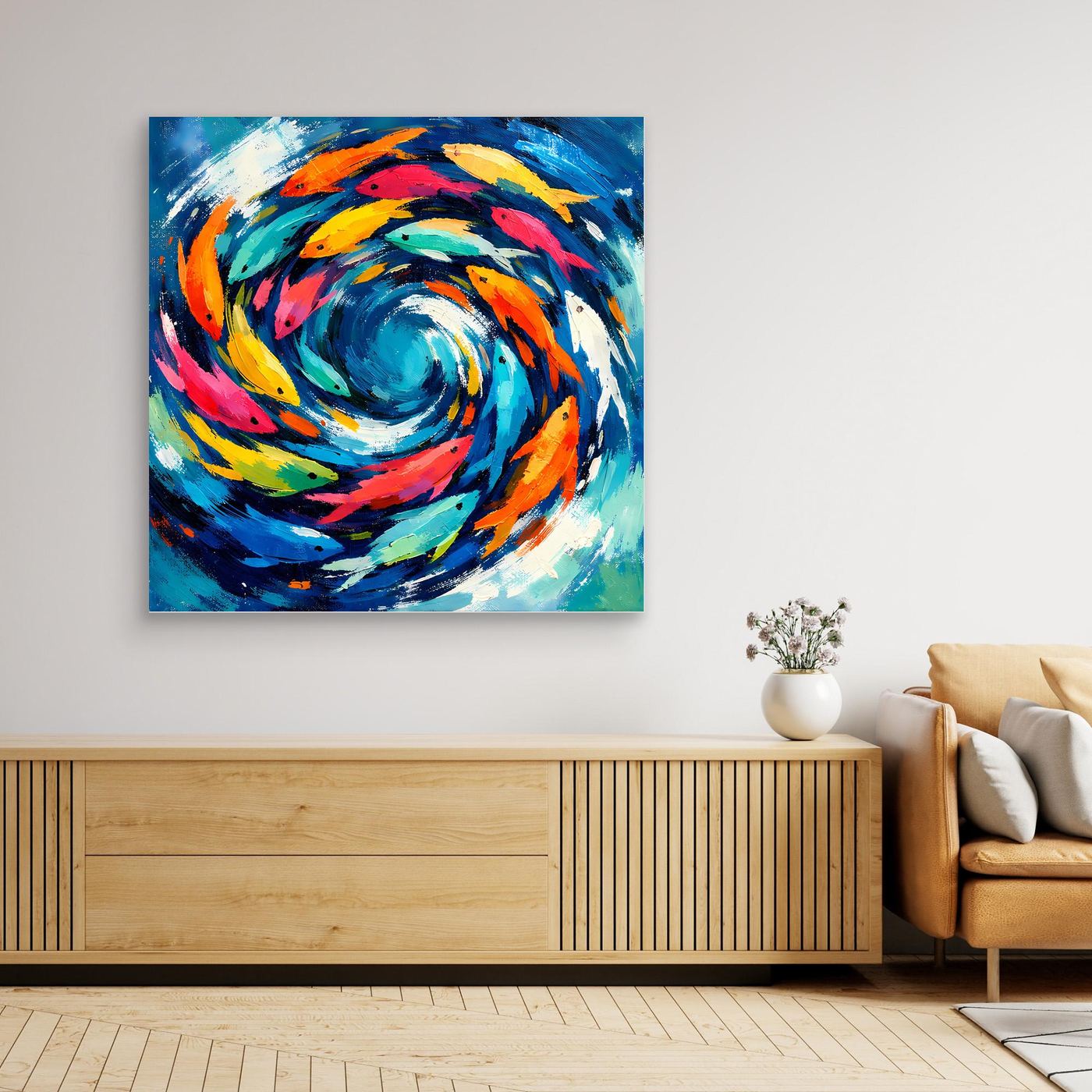 Leinwand Dynamischer Fischschwarm im Strudel | Abstraktes Ozean & Meer Wandbild