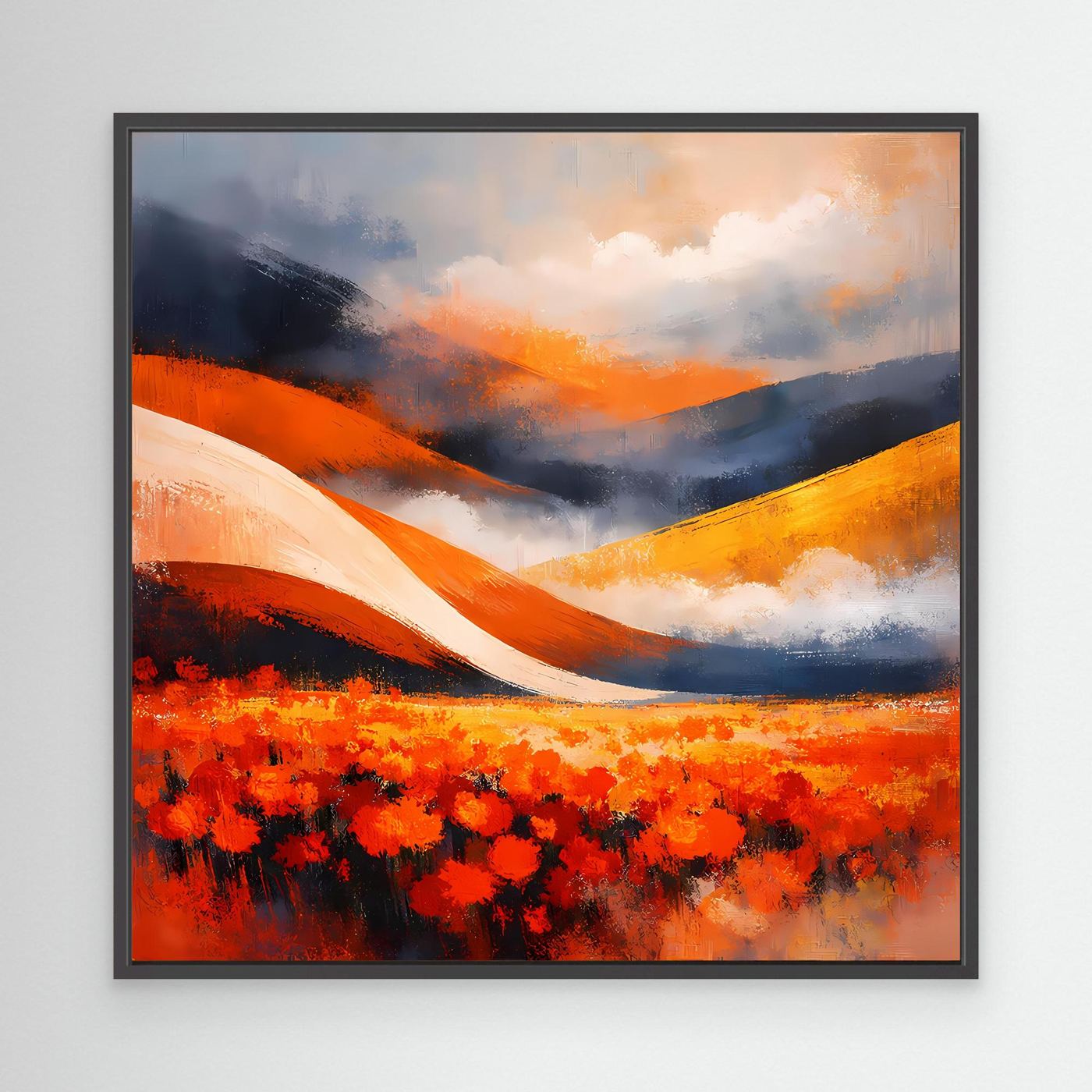 Abstraktes Leinwandbild mit rotem Mohnblumenfeld, welligen Hügeln und orangefarbenem Himmel, schwarzer Rahmen.