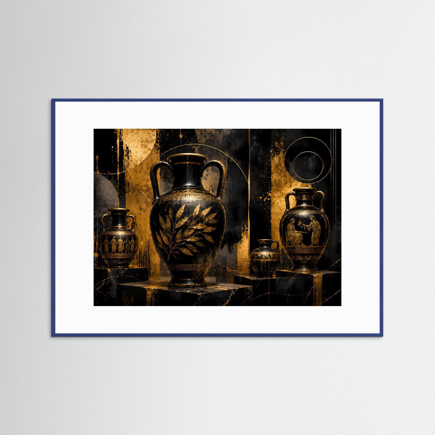 Gerahmter Kunstdruck mit antiken Amphoren in Schwarz und Gold, drei Gefäße, goldene Ornamente