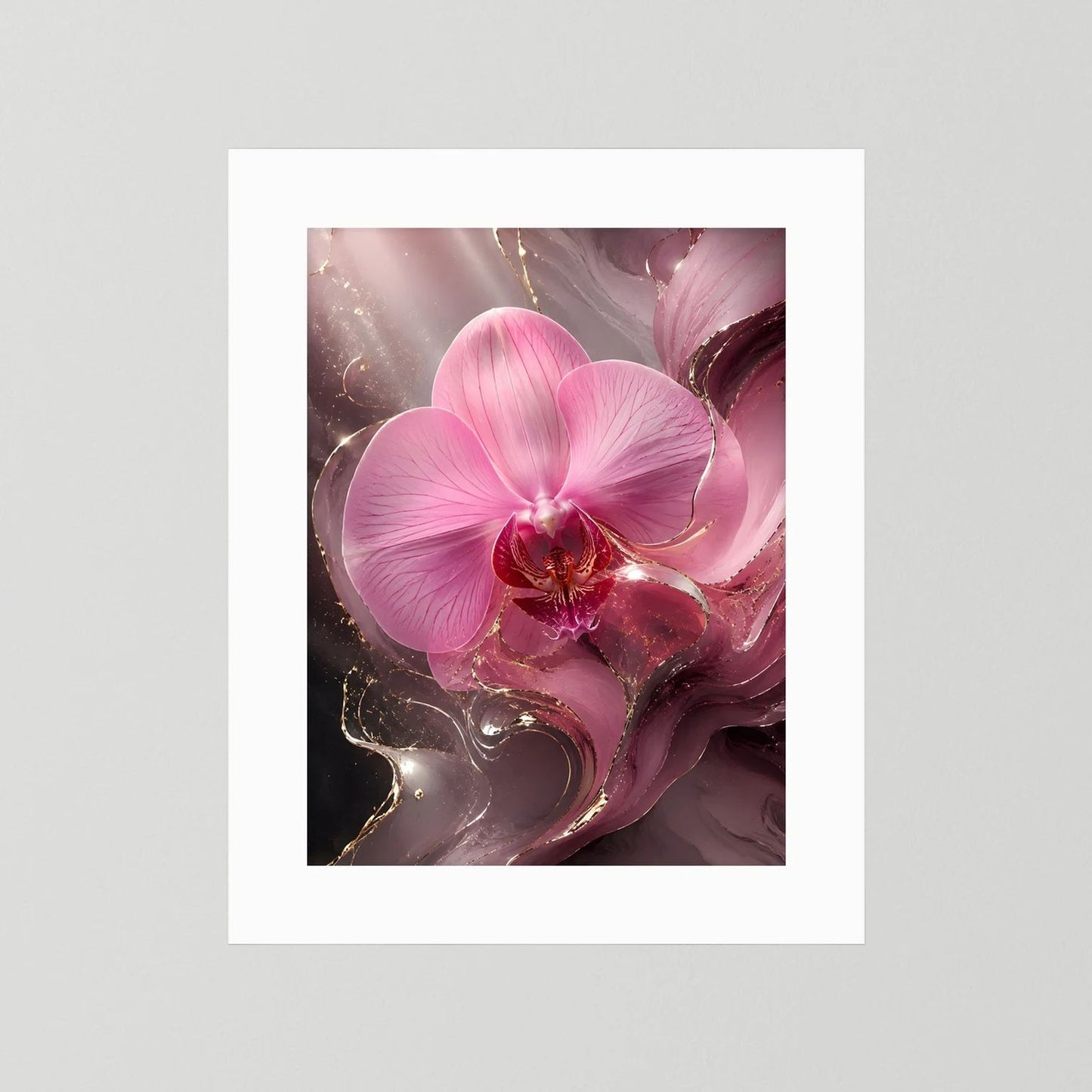 Orchideenposter mit rosa Blüte und goldenen Akzenten auf weißem Rand