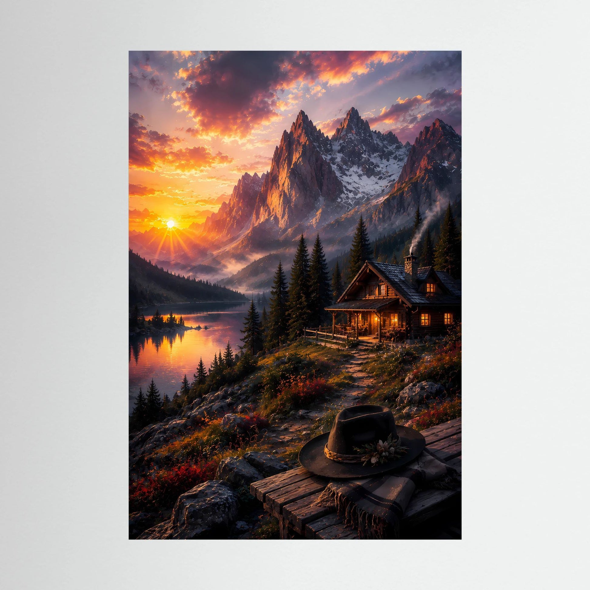 Hochformatiges Poster-Motiv: Bergsee bei Sonnenuntergang, Berghütte, Berge und Sonnenstrahlen