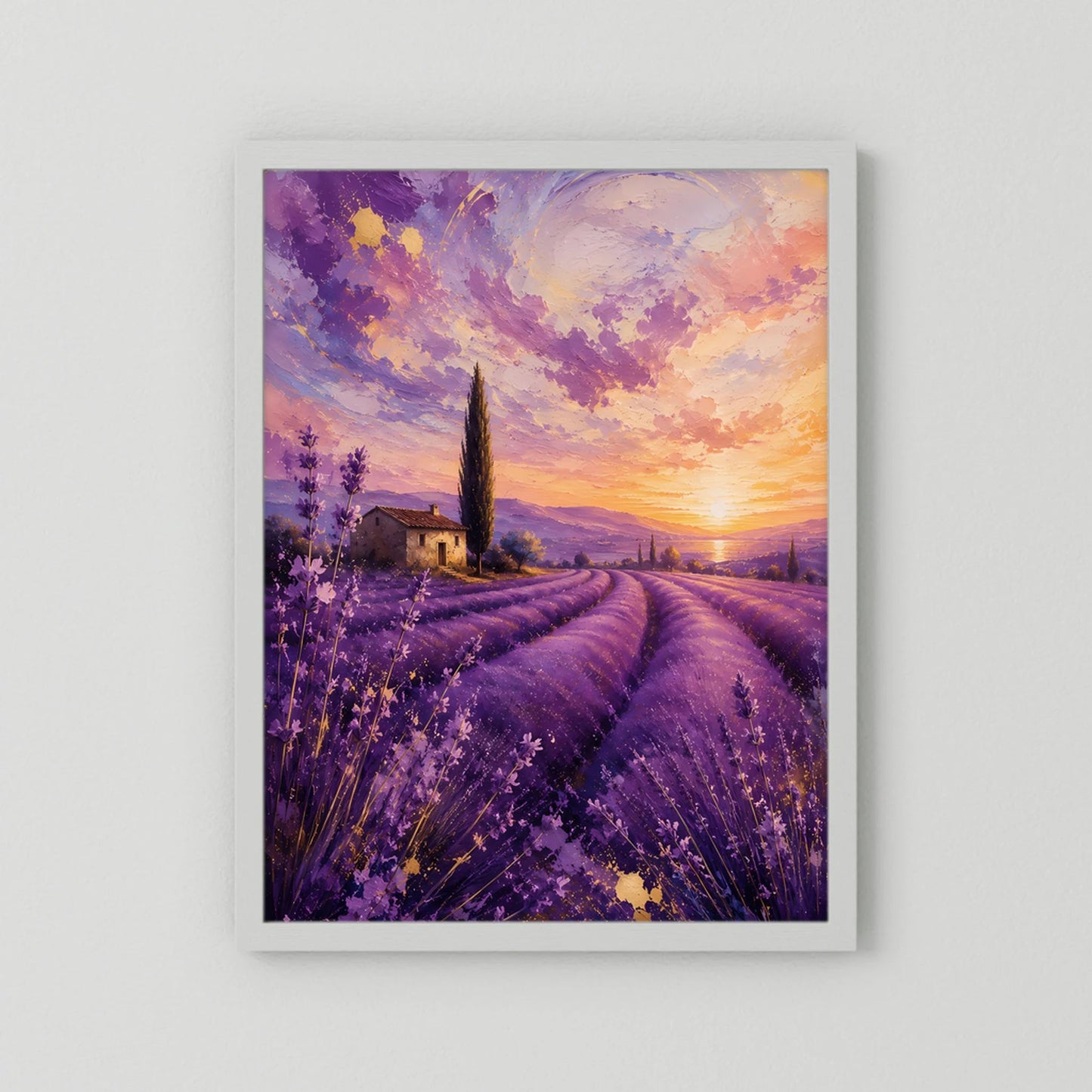 Hochformat-Poster Lavendelfeld bei Sonnenuntergang, violett-gold, weißer Rahmen