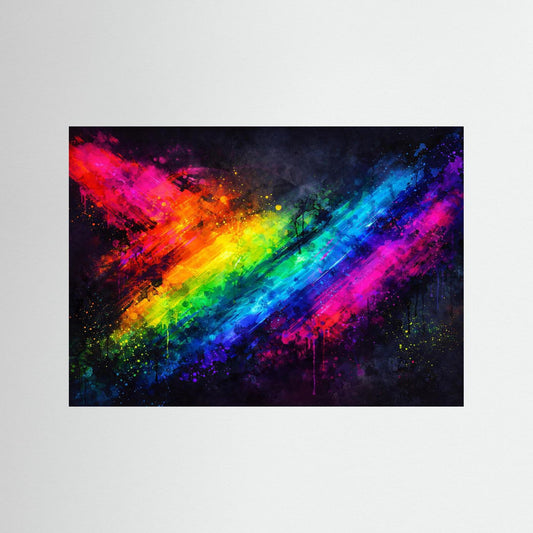 Abstraktes Querformat-Wandbild mit Regenbogen-Farbverlauf auf dunklem Hintergrund