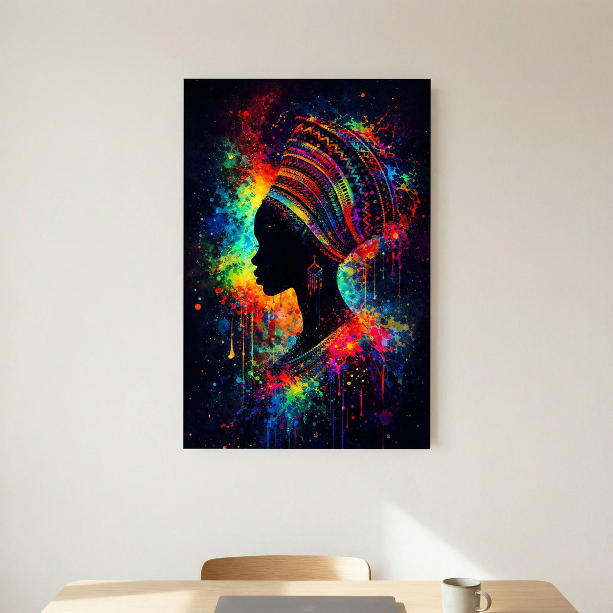 Hochformatiges Poster: schwarze Silhouette afrikanische Frau, farbiger Kopfschmuck, Regenbogen-Spritzer