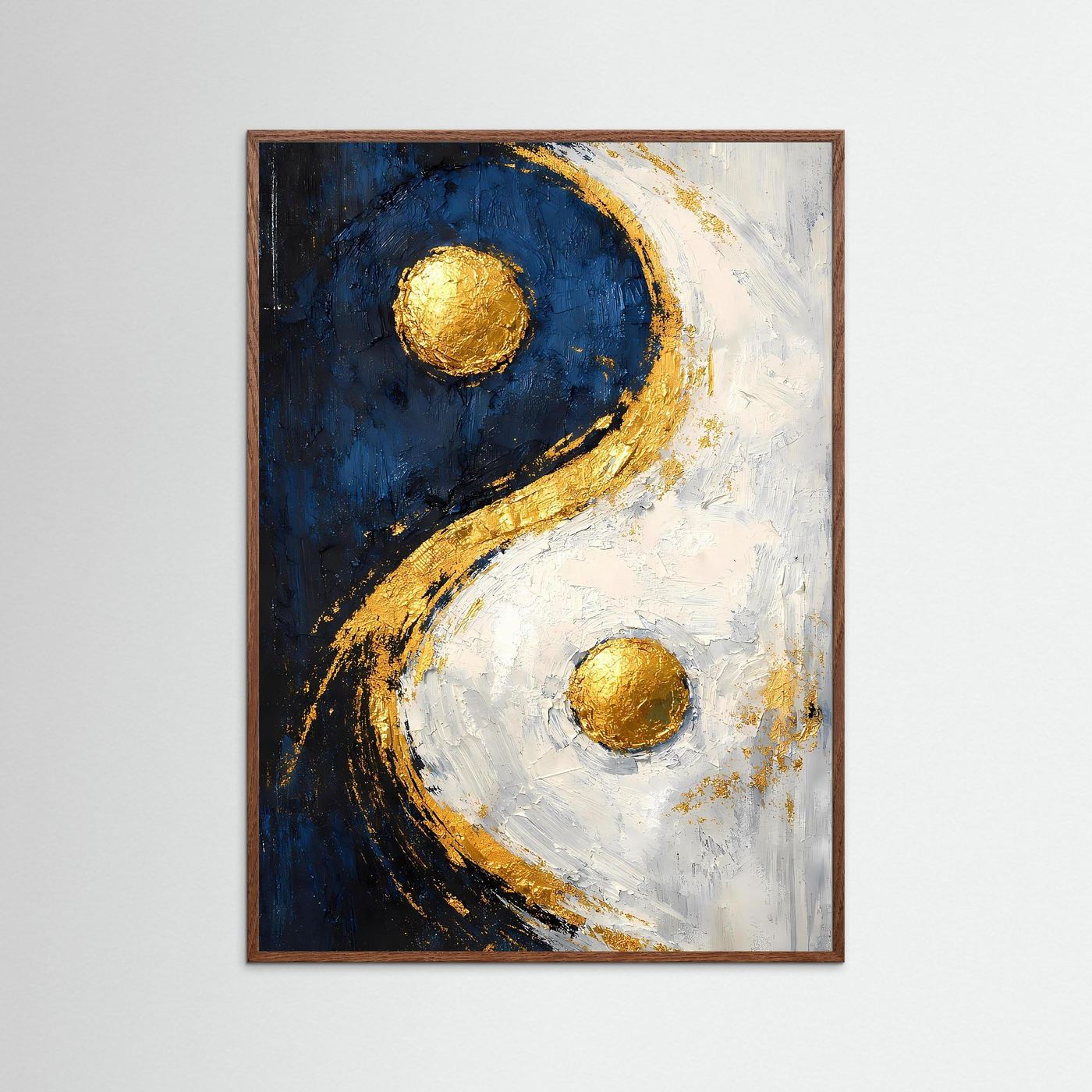 Yin-Yang-Kunstposter im dunklen Holzrahmen, abstrakte Goldkreise auf Blau und Weiß