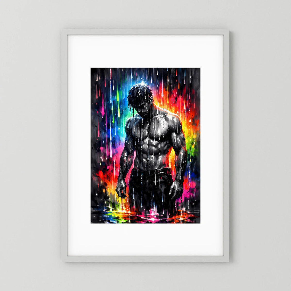 Neon-Wandbild mit muskulösem Männerkörper, schwarz, bunt leuchtender Farbregen, Hochformat