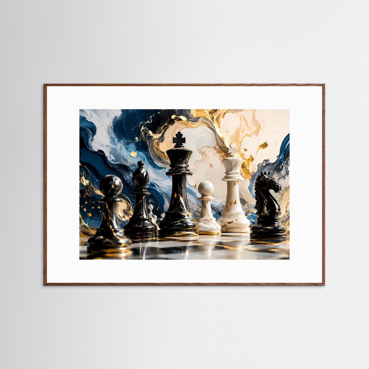Elegantes Schachspiel in Blau, Weiß & Gold | Strategie & Abstrakte Kunst Wandbild