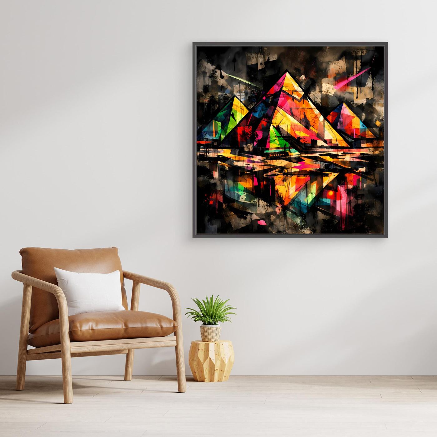 Leinwandbild mit abstrakten Pyramiden im Street-Art-Stil, farbig, dunkler Rahmen
