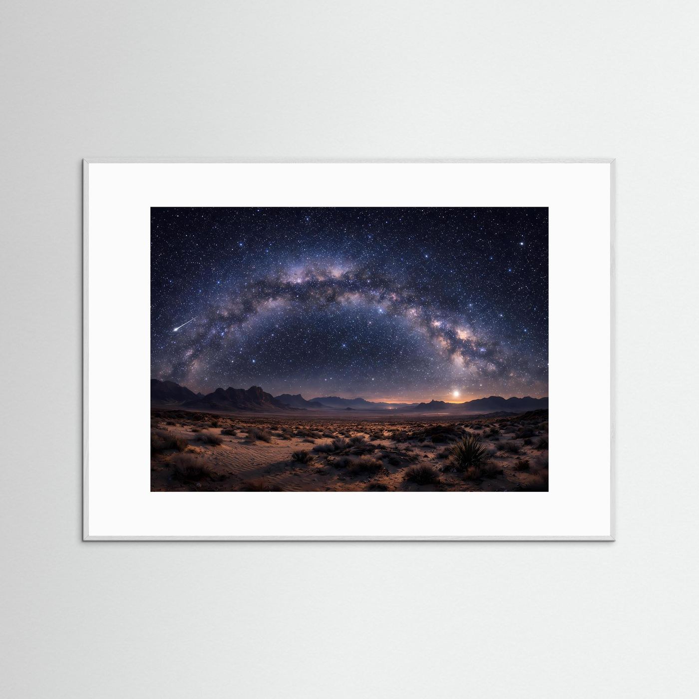 Wandbild mit Sternenhimmel über Wüstenlandschaft, Rahmen in Weiß mit dunklem Inneren
