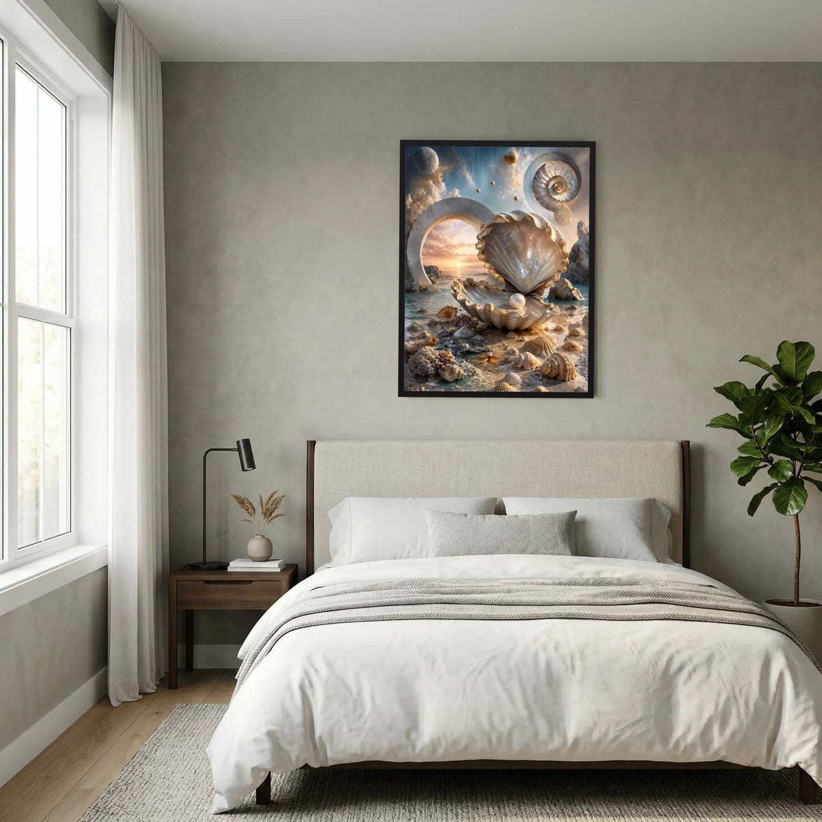 Gerahmtes Poster mit Muschel und Perle in Creme- und Goldtönen, senkrecht