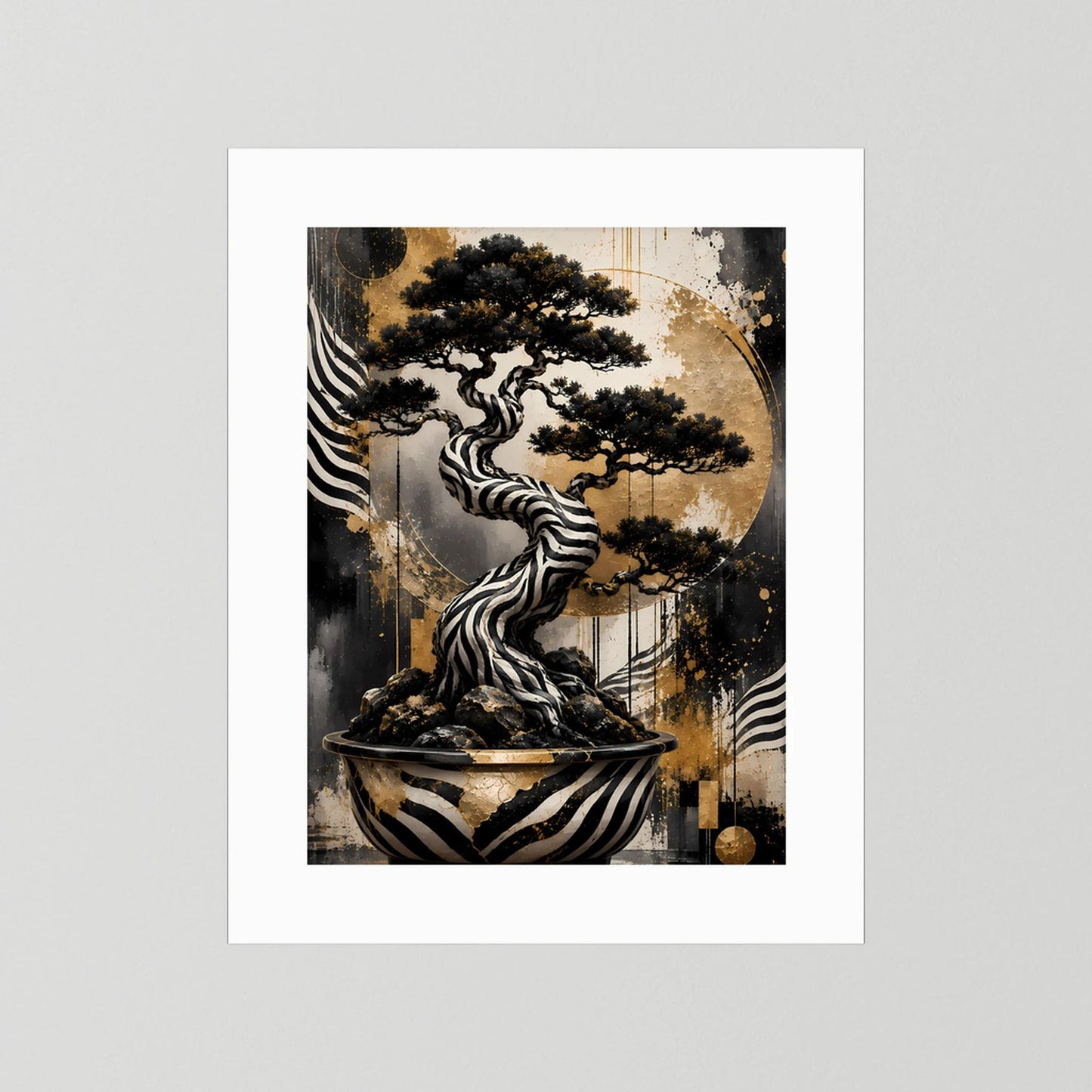 Zebra Bonsai | Abstrakter Baum in Schwarz Weiß Gold | Poster Hochformat