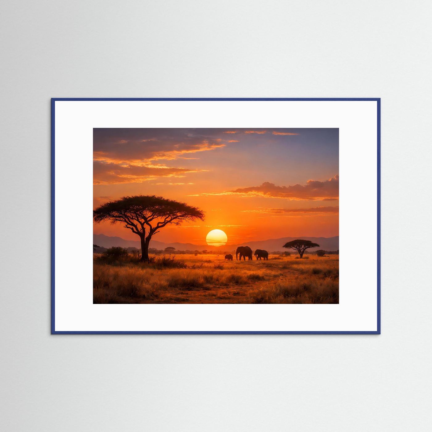 Afrikanisches Savannenposter mit Elefanten im Sonnenuntergang, blauer Rahmen