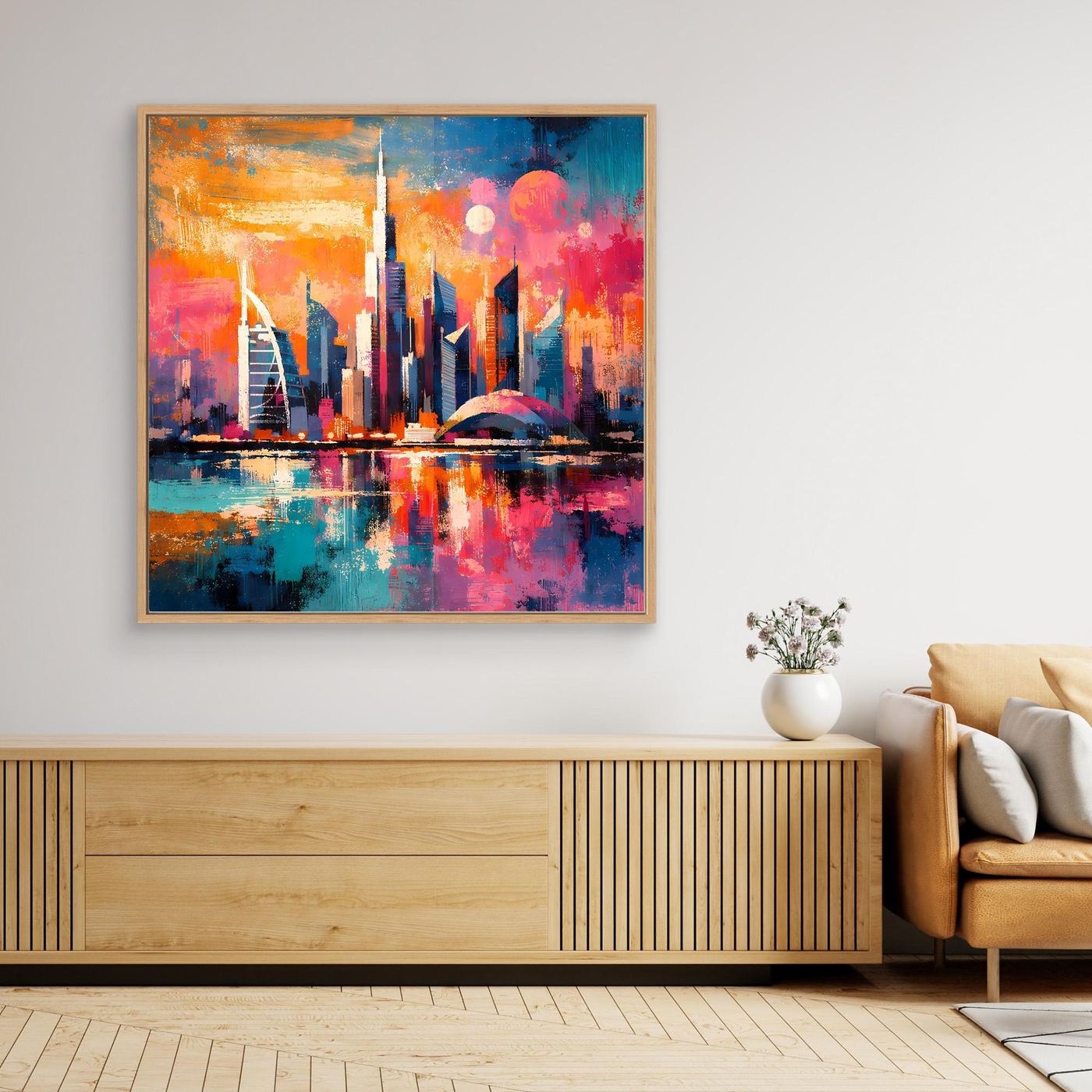 Leinwand-Wandbild mit bunten Türmen, farbigen Wolken und Wasserreflexion, quadratisch