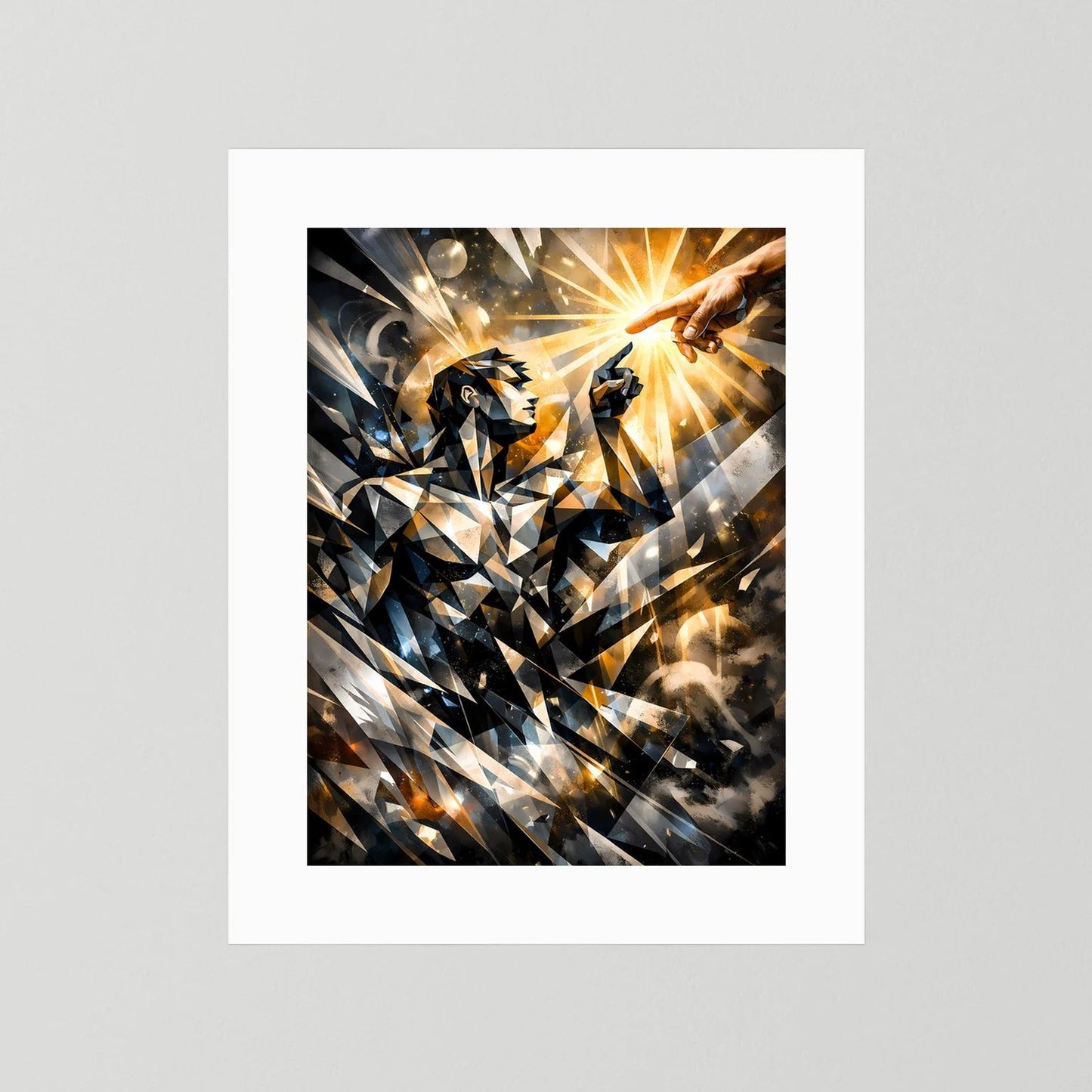 Abstraktes Hochformat-Wandposter im weißen Passepartout mit warmen Lichtstrahlen und Figur