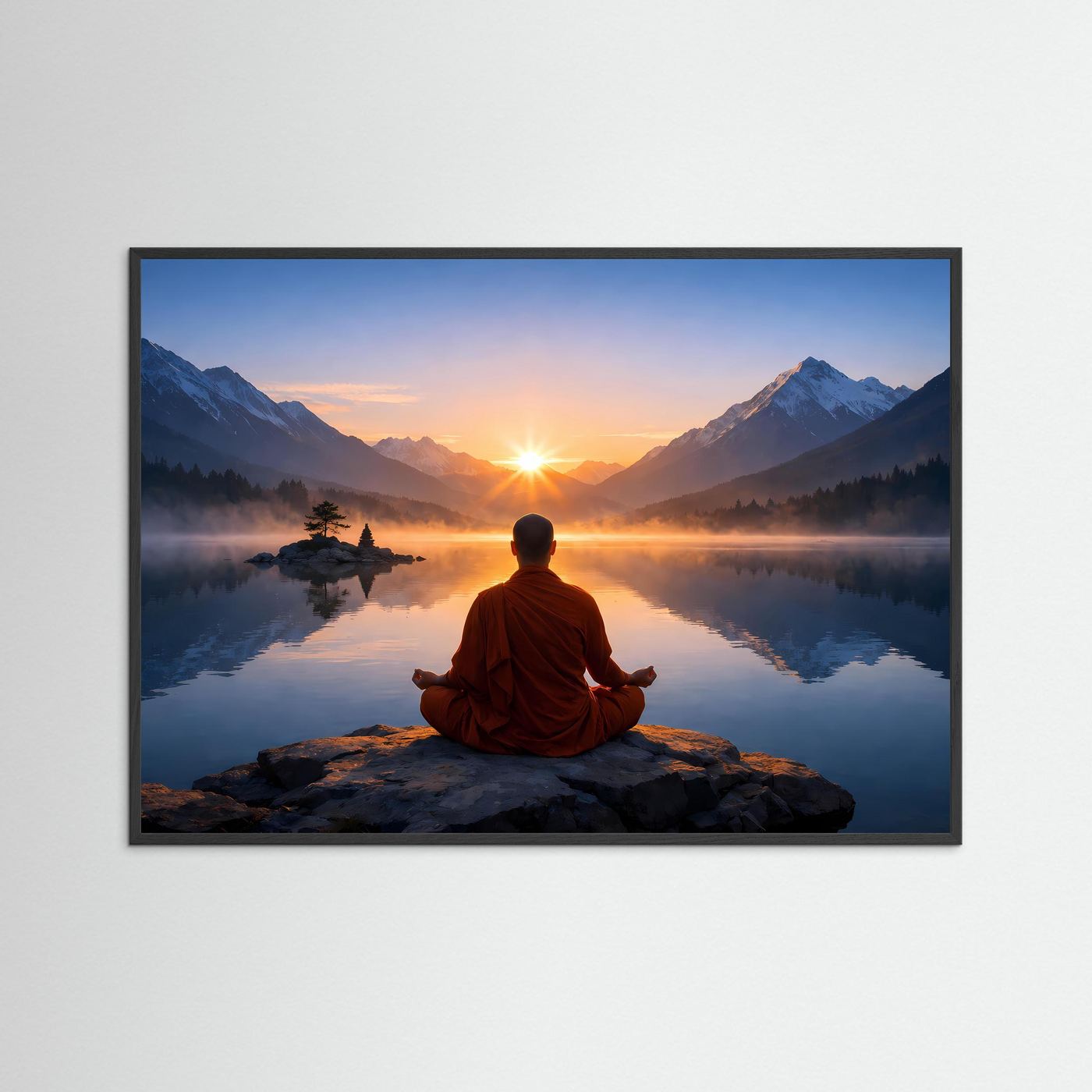 Gerahmtes Poster: meditierender Mönch auf Felsen am Bergsee bei Sonnenaufgang, schwarzer Rahmen