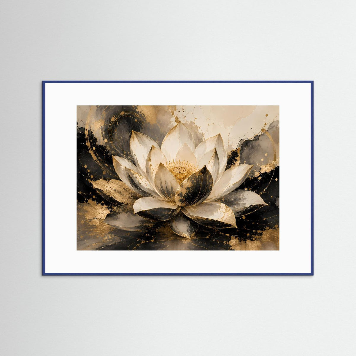 Gerahmtes Lotusblüten-Poster im Querformat, abstrakt in Schwarz, Gold und Creme.