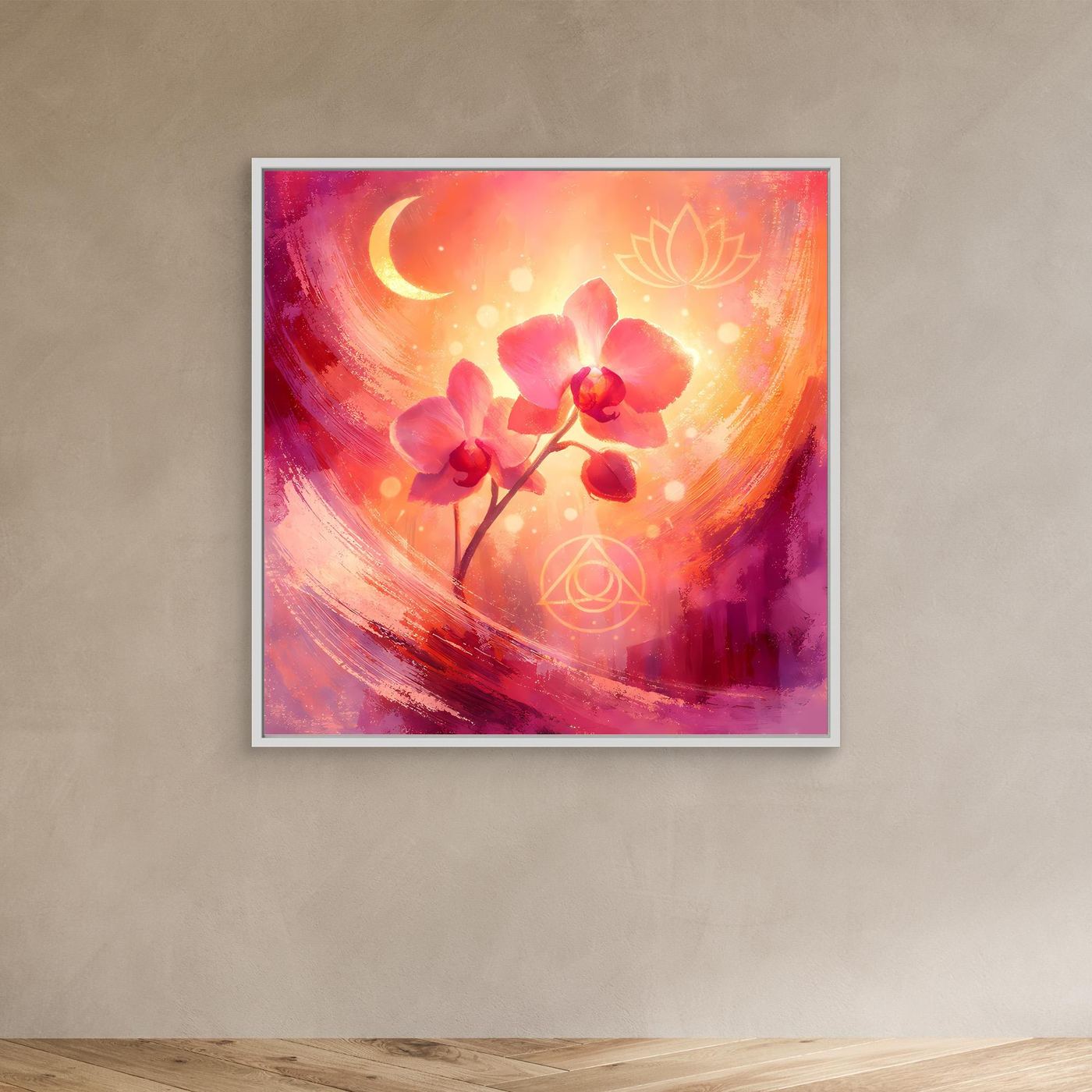 Abstraktes Leinwand-Wandbild mit Orchideenblüten, Mond und Lotus-Symbolen, weißer Rahmen