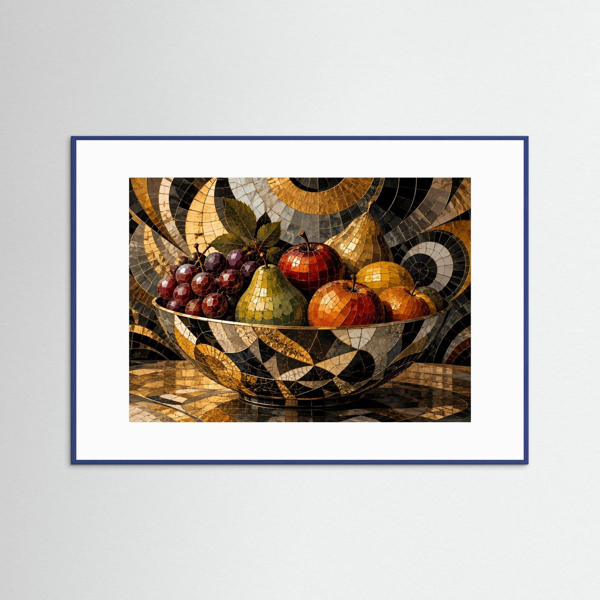 Gerahmtes Mosaikbild Obstschale mit Trauben, Äpfeln und Birnen in Gold und Schwarz, blau