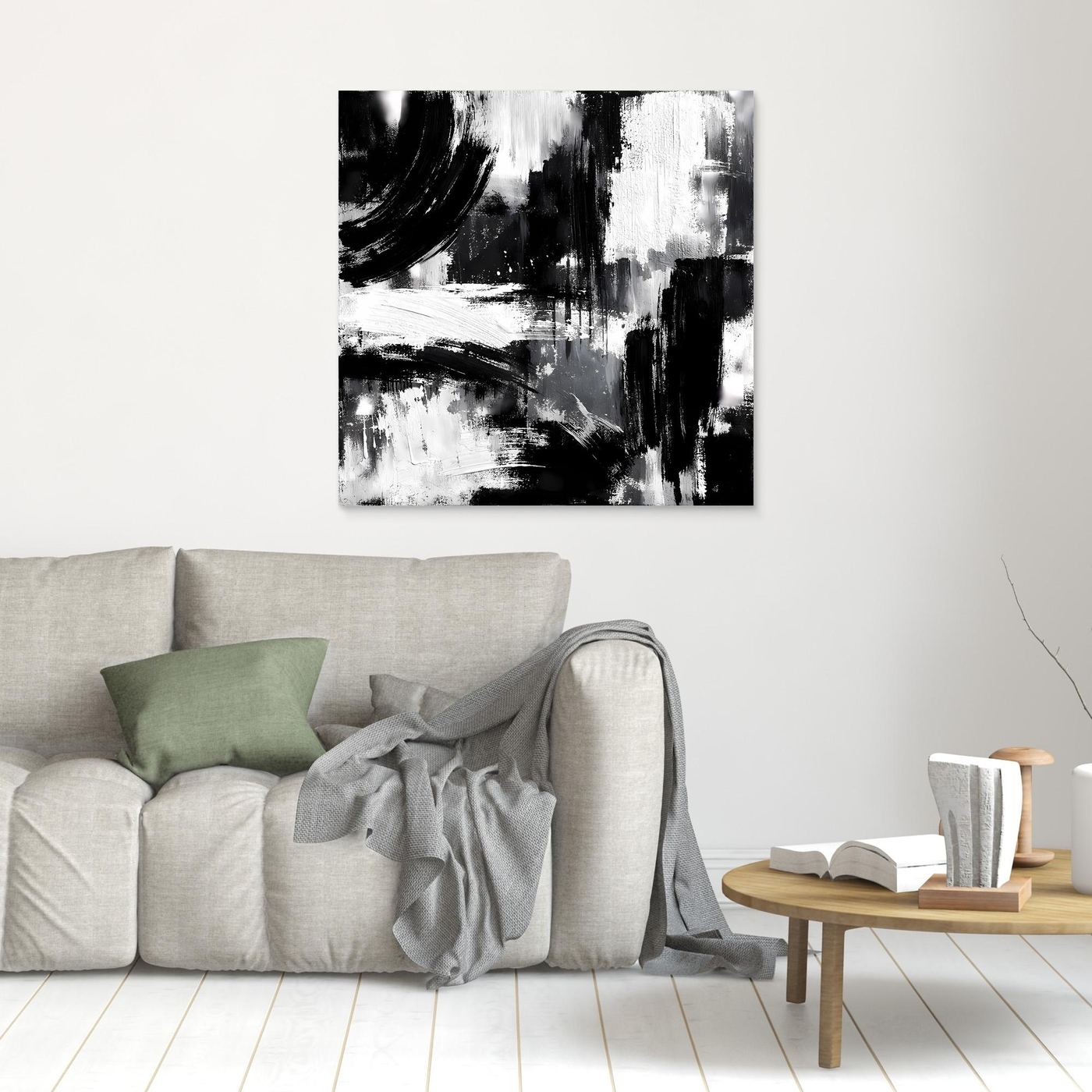 Unframed abstract black-and-white canvas with bold brushstrokes and layered smears