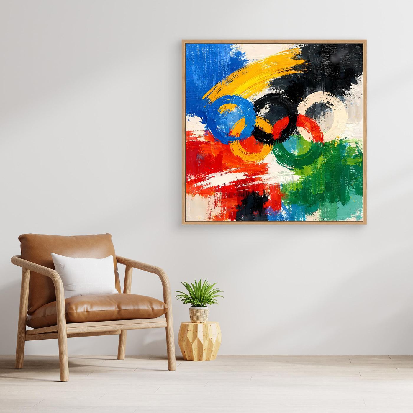Leinwandbild mit abstrakten Olympischen Ringen in Blau, Gelb, Grün und Rot, mit hellem Holzrahmen
