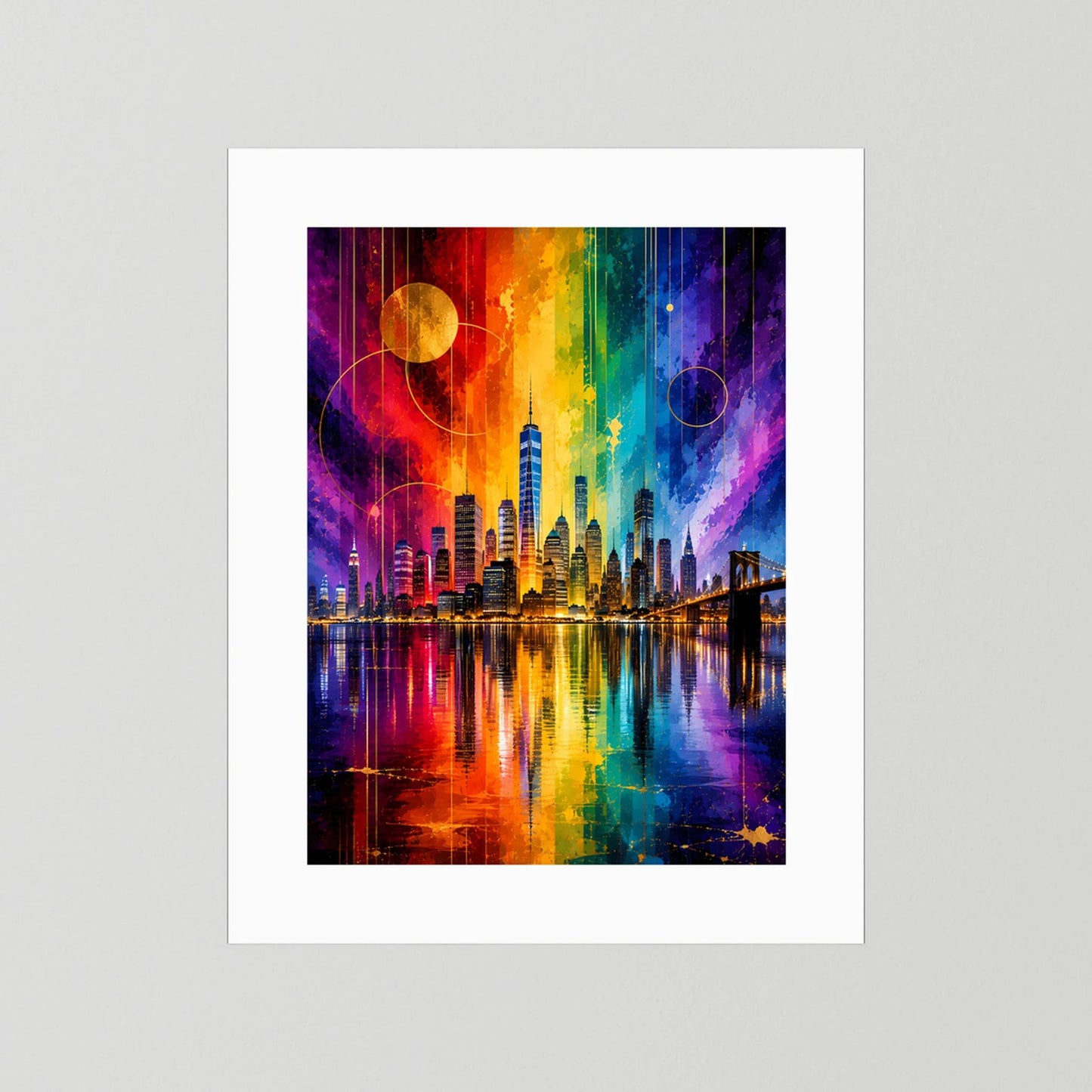City-Poster mit Regenbogen-Skyline und leuchtenden Reflexionen, weißes Passepartout