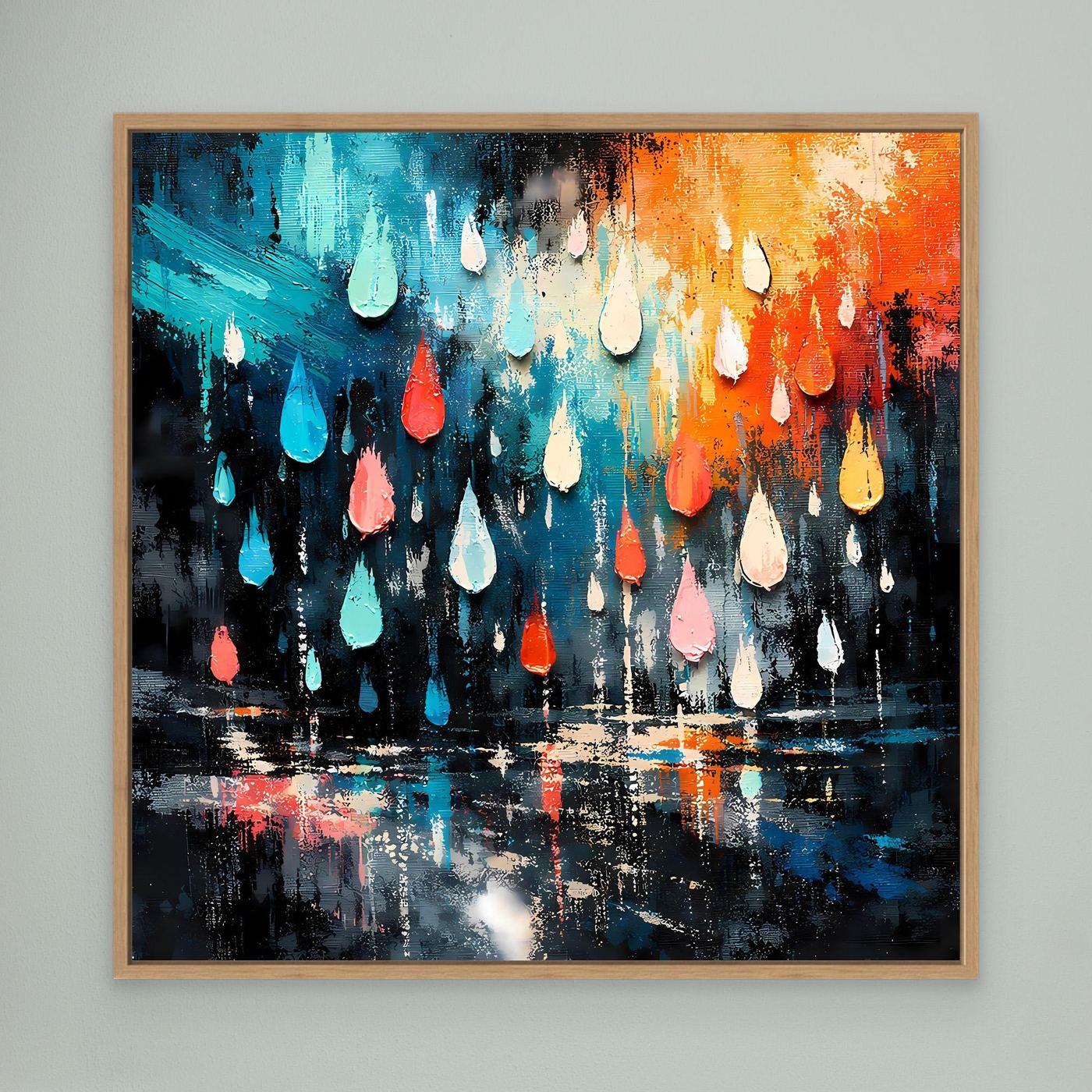 Abstraktes Wandbild mit Tropfen, türkis und orange; Eichenholzrahmen, rechteckig.