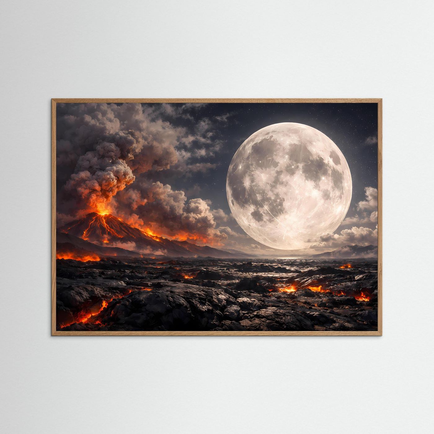 Fantasy-Poster: Vulkan-Ausbruch bei Nacht mit riesigem Vollmond, heller Holzrahmen