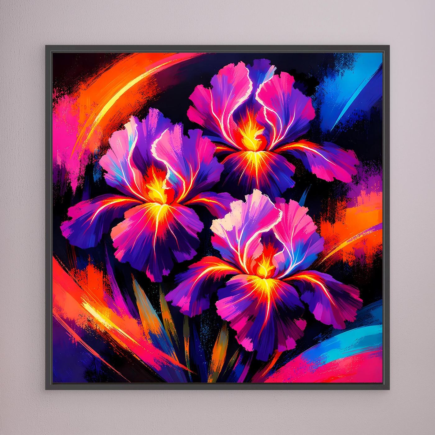 Leinwand-Wandbild mit abstrakten Irisblüten in Neonfarben, schwarzer Rahmen