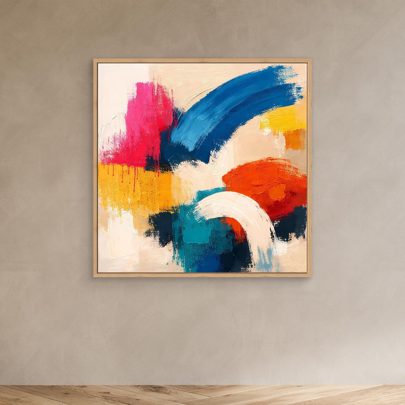 Abstract canvas painting with blue, pink, yellow, orange brush strokes, oak frame