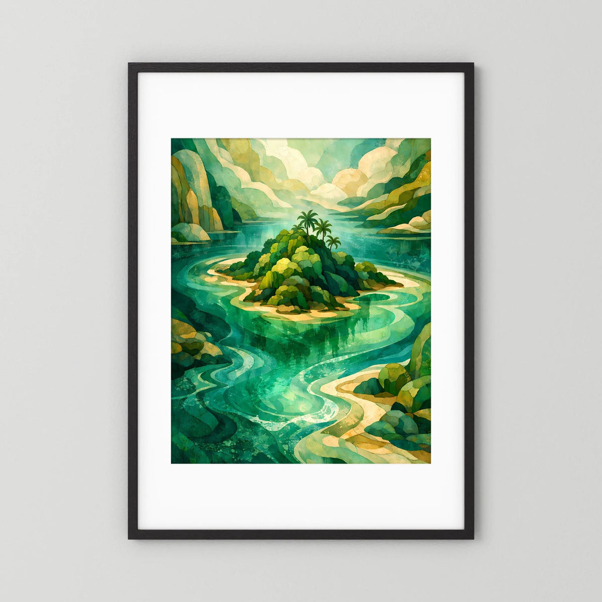 Poster mit abstrakter Insel in Türkis und Grün, schwarz gerahmt mit weißem Rand
