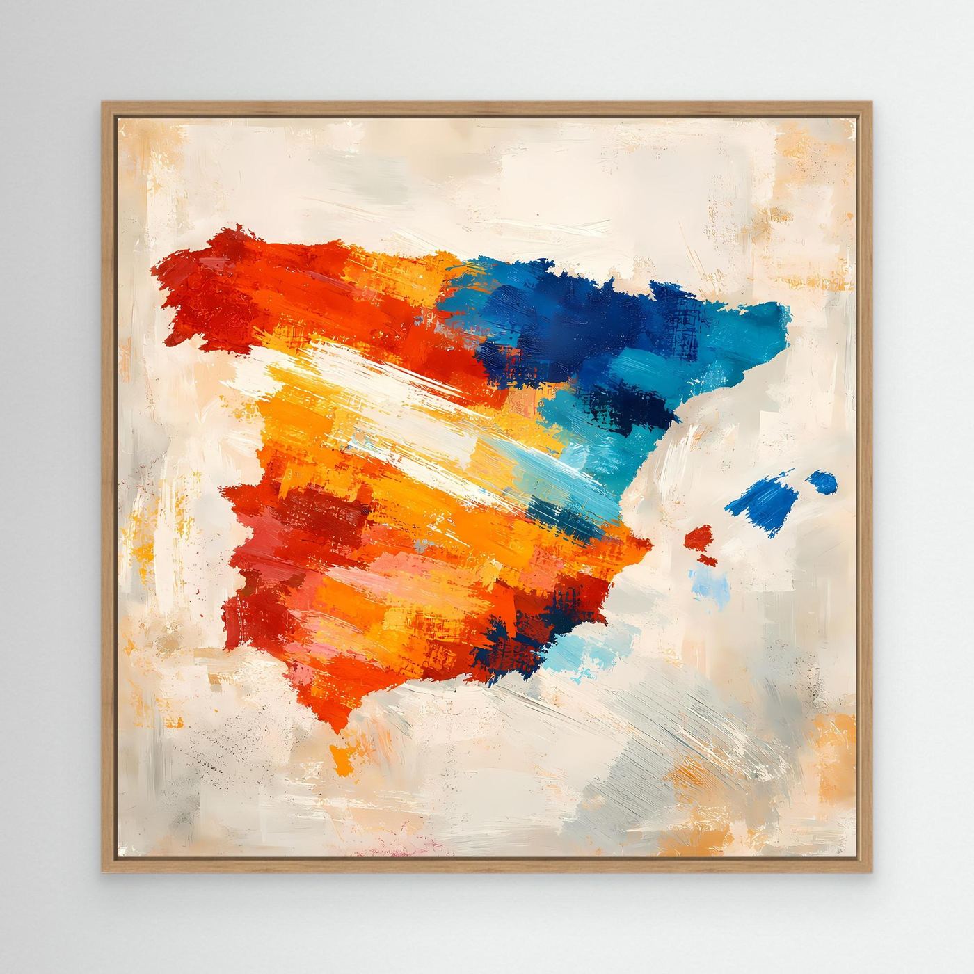 Abstract Spain map canvas wall art with colorful brushstroke silhouette, oak frame