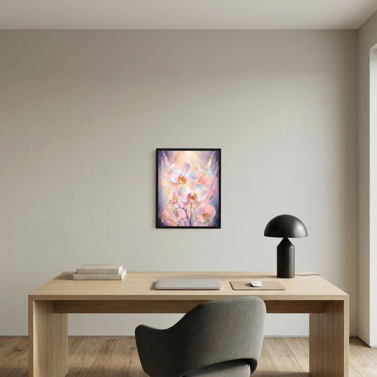Orchideen-Poster mit Pastell-Orchideen, schwarz gerahmt, mittig über dem Schreibtisch
