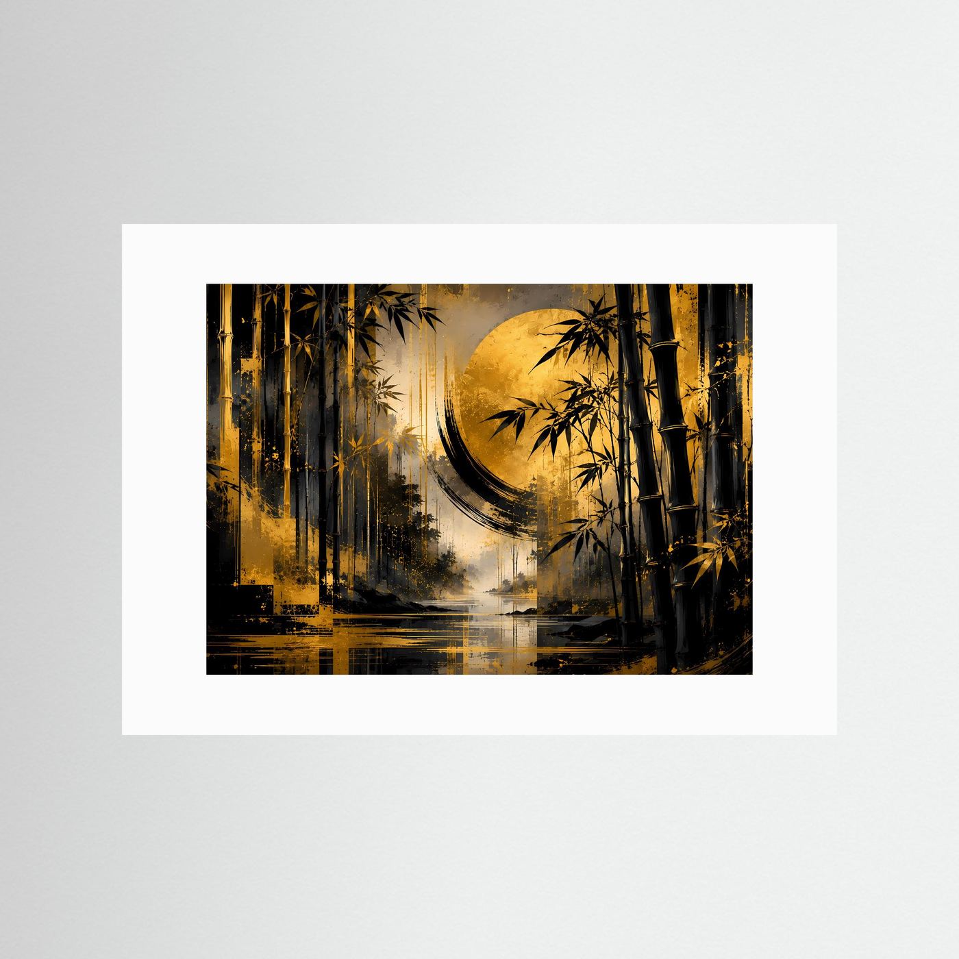 Wandbild mit Bambuswald, goldenem Mond und Wasserlauf, ohne Umrahmung, weißer Rand