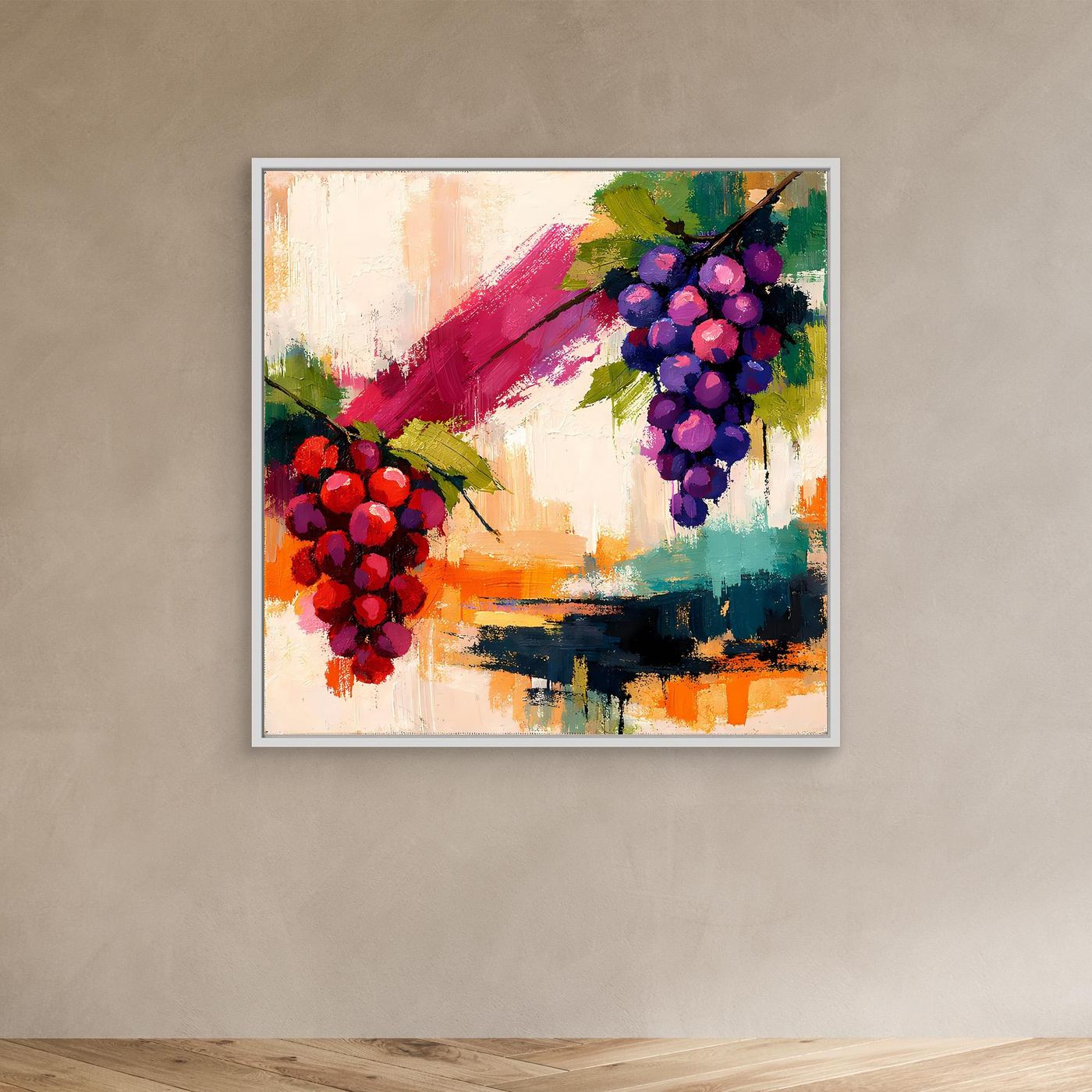 Small dark-framed abstract grape still life canvas with red and purple grape clusters
