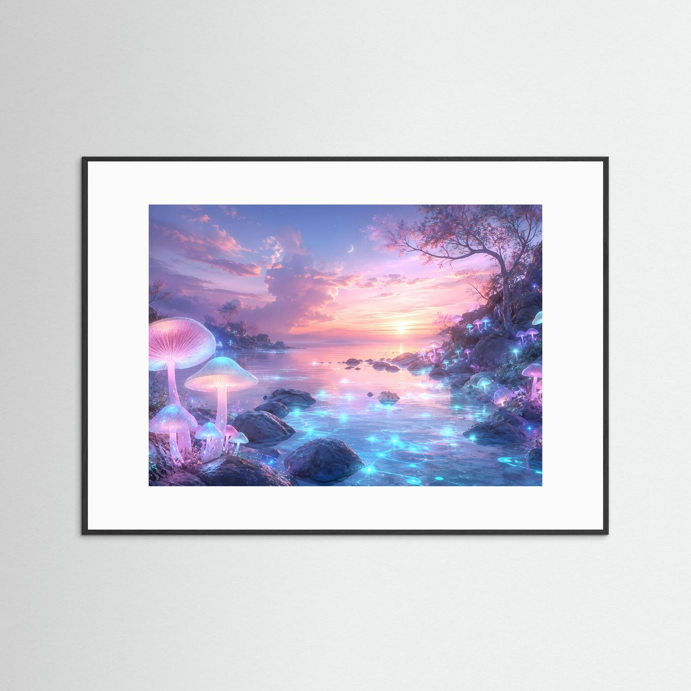 Magischer Pilzwald Poster | Fantasie Landschaft Wandkunst | Leuchtende Pilze am Traumsee | Mystische Fantasy Wall Art | Premium Leinwandbild