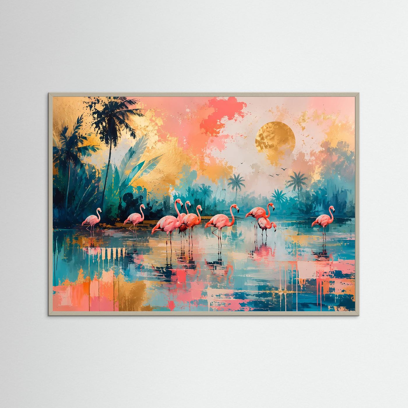 Flamingo Poster Modern | Tropisches Wandbild in Pastell | Abstrakte Flamingo Kunst | Exotische Lagoon Deko | Leinwand Wohnzimmer