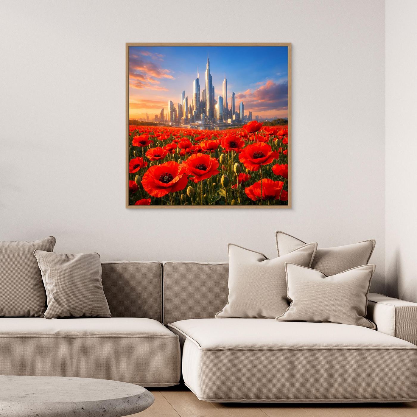 Gerahmtes Leinwandbild: rote Mohnblumen mit futuristischer Skyline im Abendhimmel