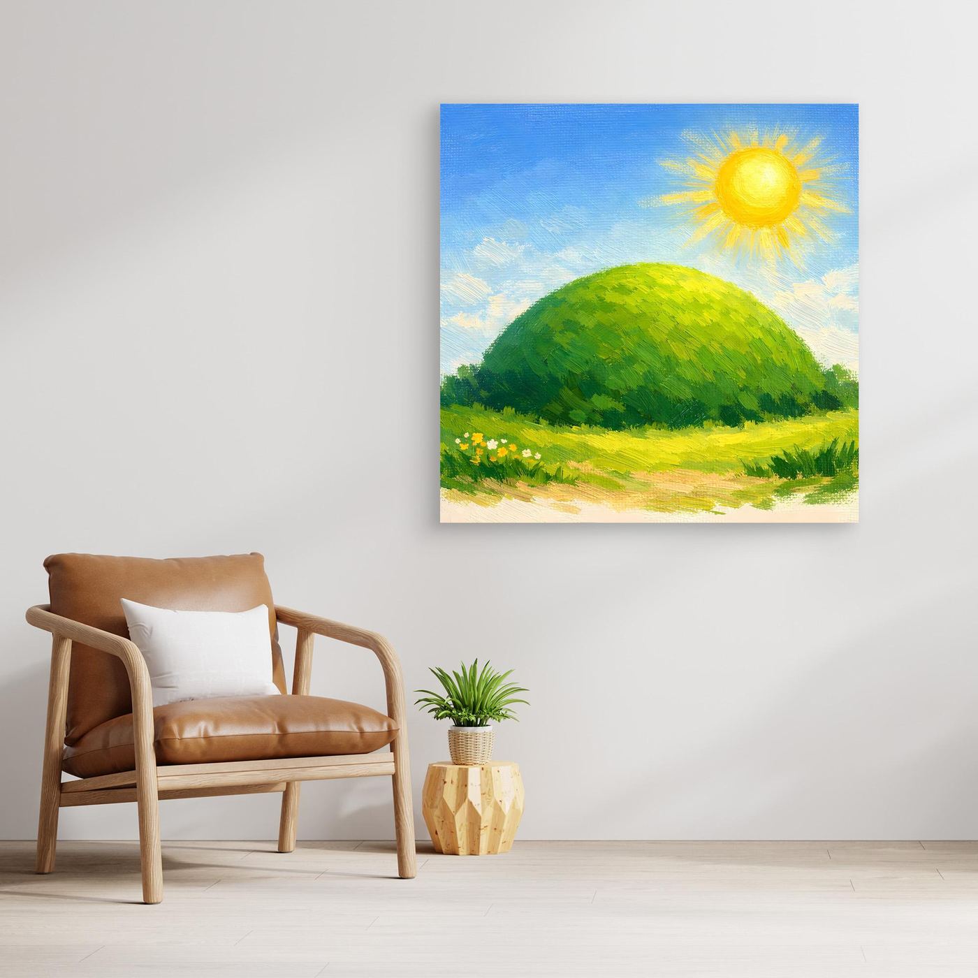 Quadratisches Leinwandbild: grüner Hügel, gelbe Sonne und Landschaft mit Wiese