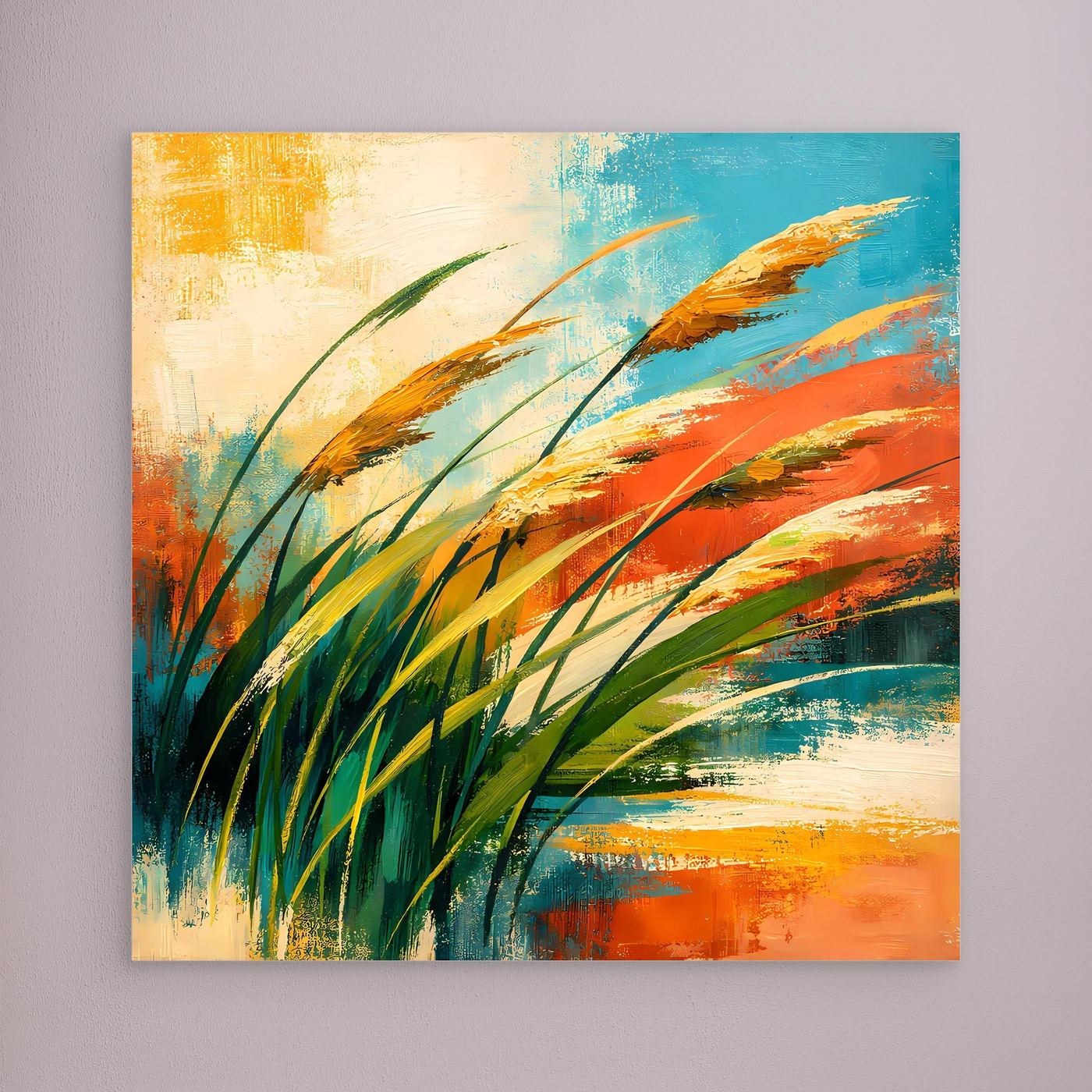 Leinwandbild mit abstrakten Gräsern und orange-blauen Pinselstrichen, grüne Halme