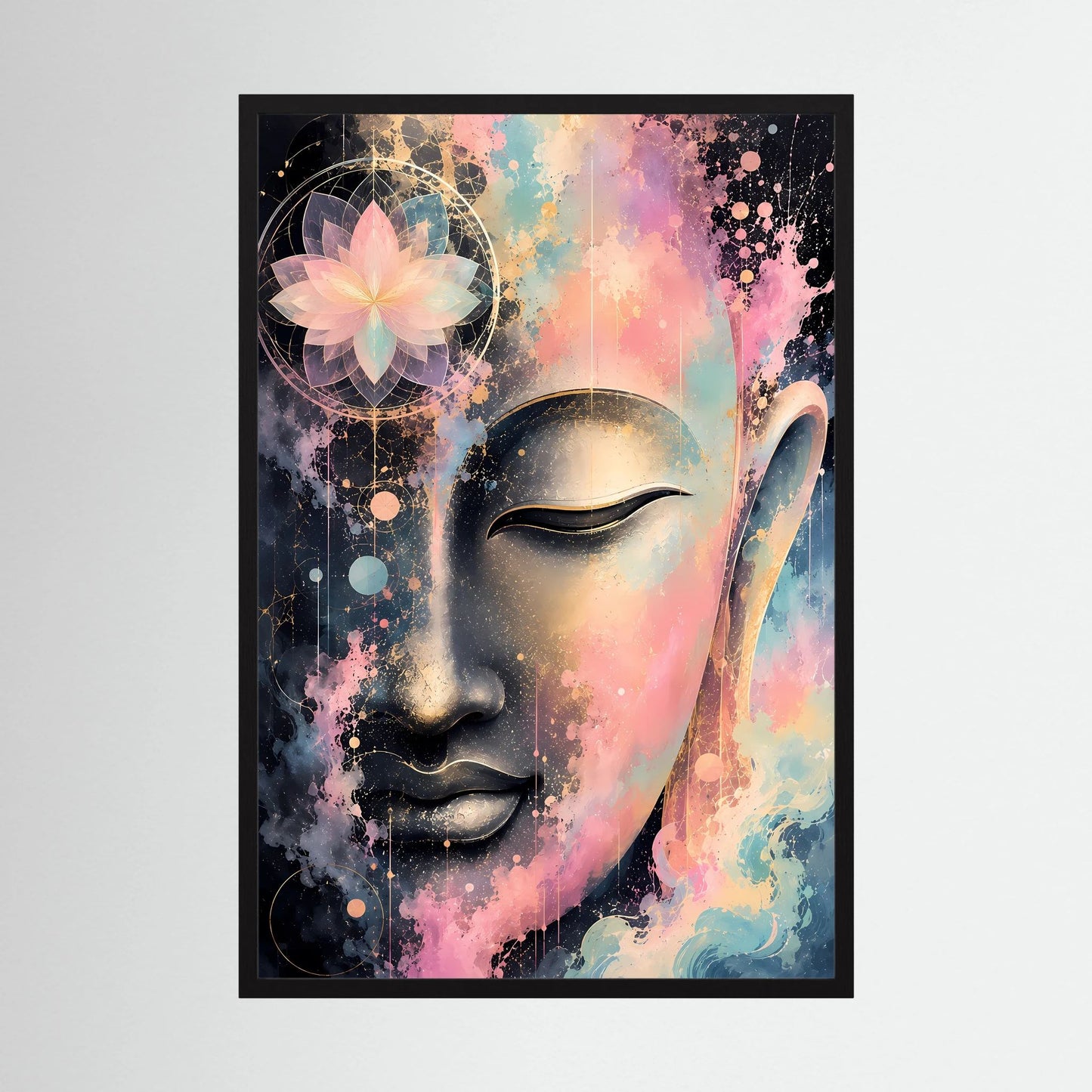 Kunstposter mit abstraktem Buddha-Gesicht in Pastell, Gold- und Schwarzakzenten im schwarzen Rahmen