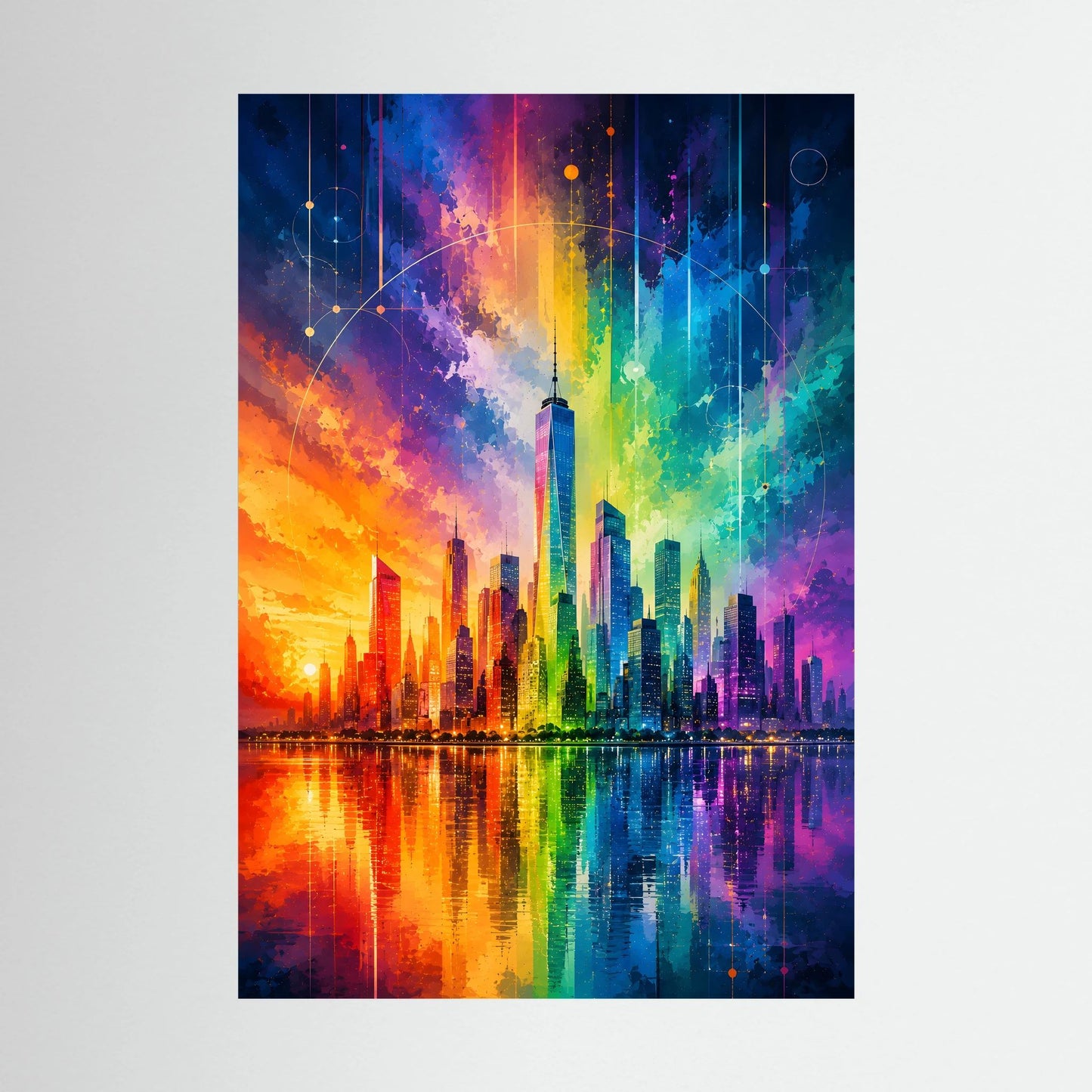 Abstraktes Skyline-Stadtposter in Regenbogenfarben, Hochformat mit Spiegelung im Wasser