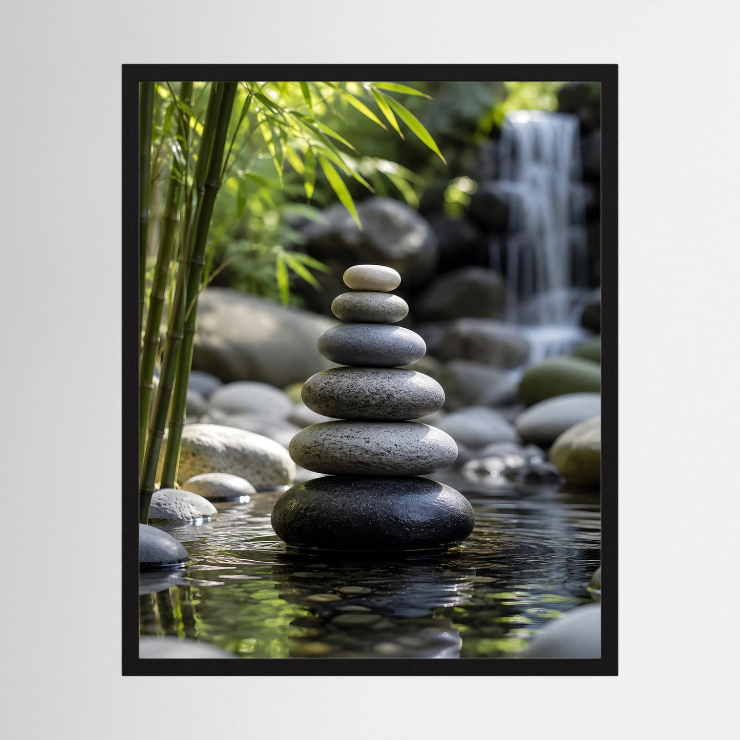 Gerahmtes Hochformat-Kunstposter mit Steinturm, Bambus und Wasserfall im Zen-Garten