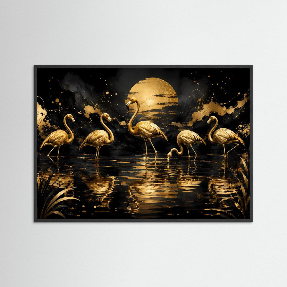 Querformat-Wandbild mit goldenen Flamingos, schwarzer Rahmen
