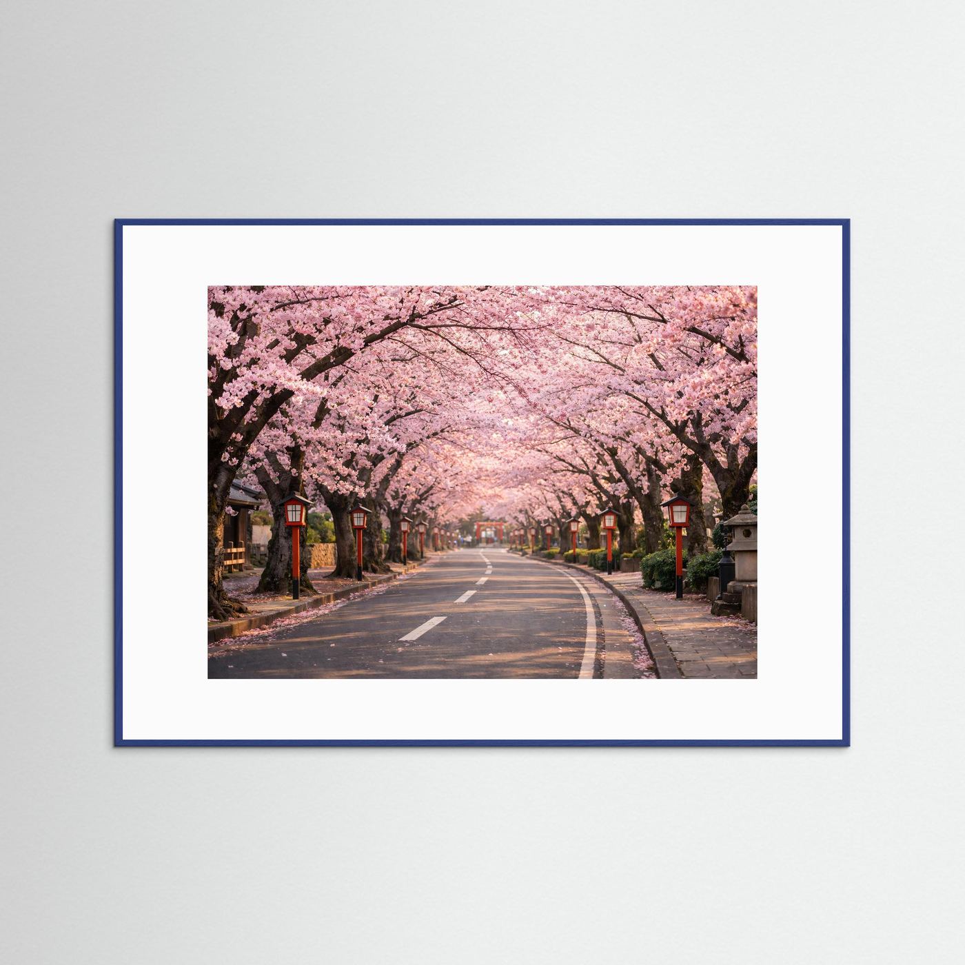 Kirschblütenallee-Panorama-Poster im blauen Rahmen, Querformat, Allee mit rosa Blüten