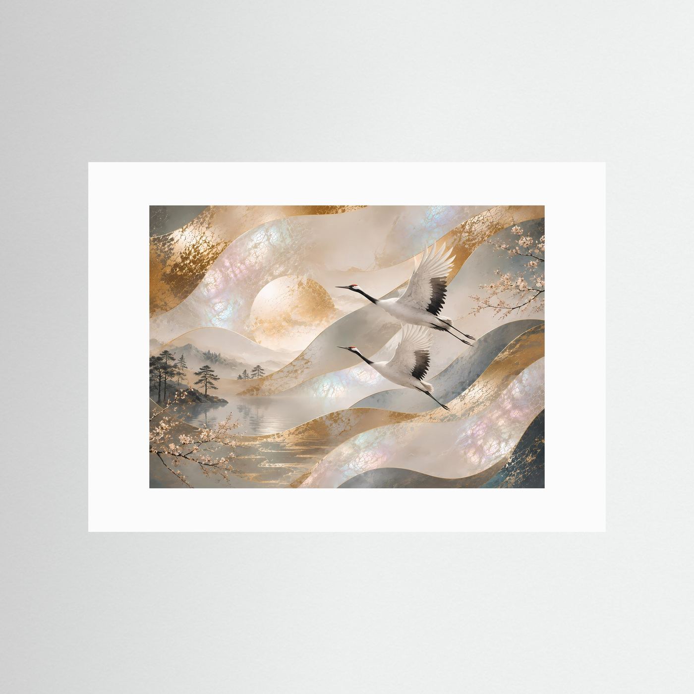 Japanische Kraniche im Flug | Elegante Perlmutt-Kunst in Gold & Creme